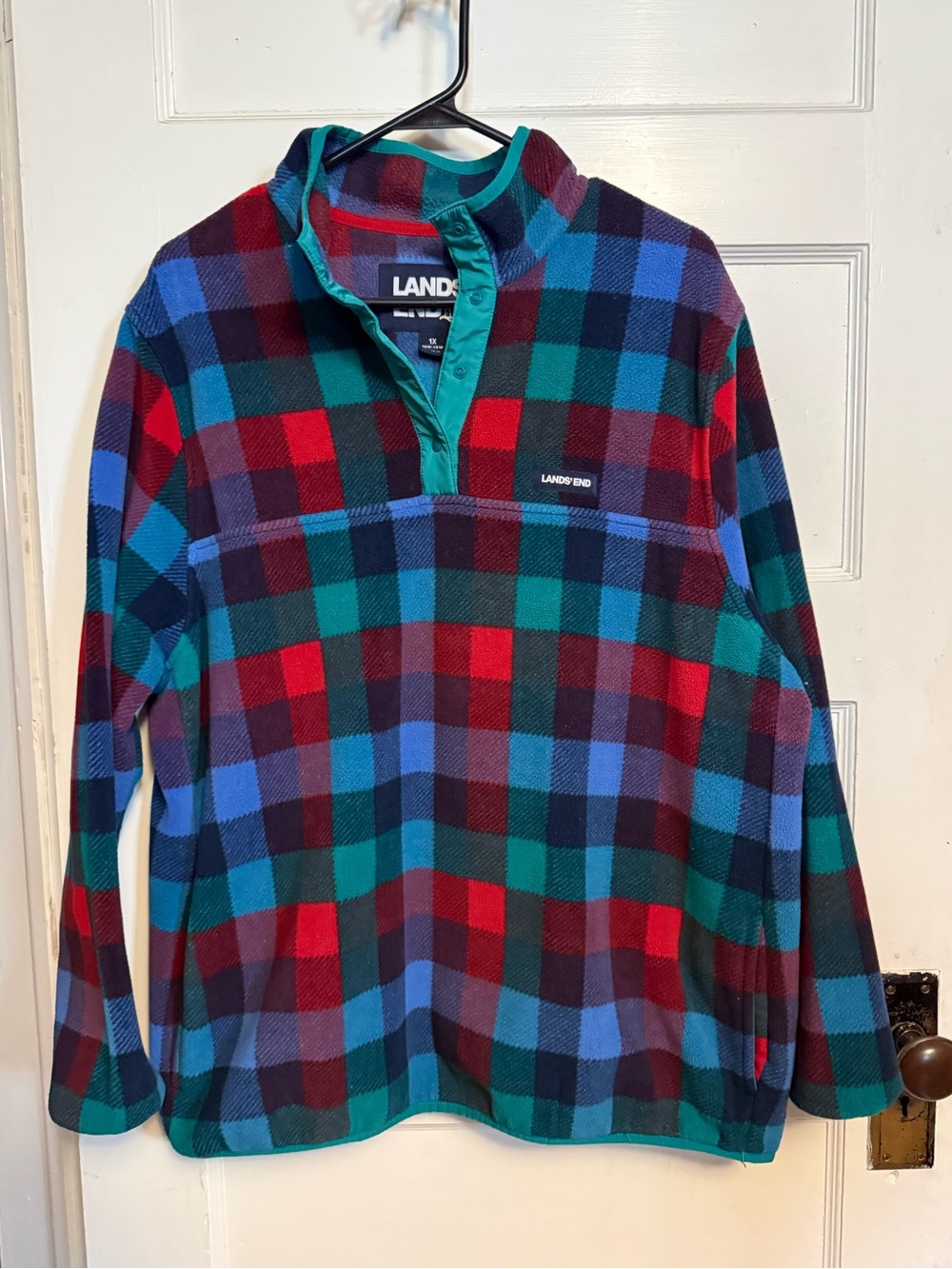 Lands' End red, blue, and green plaid quarter button up fleece w/pockets,Size 1X